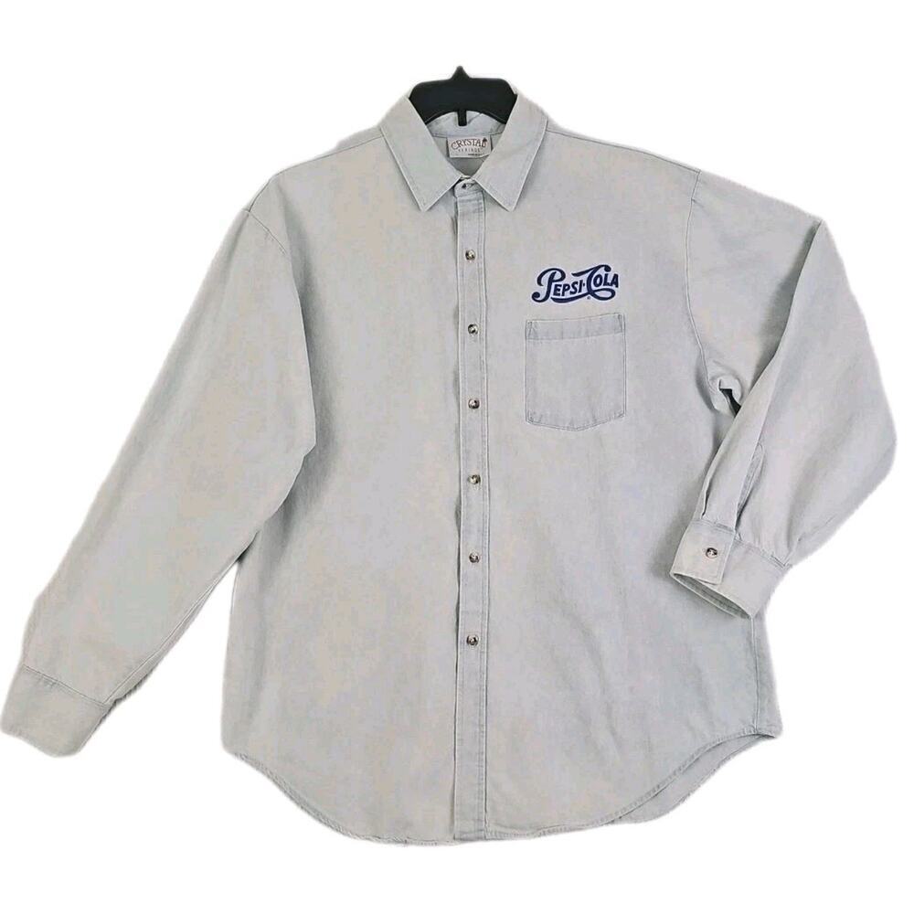 Vintage Crystal Springs ~Men's Size L~ Light Wash Blue Denim Shirt "Pepsi-Cola".
